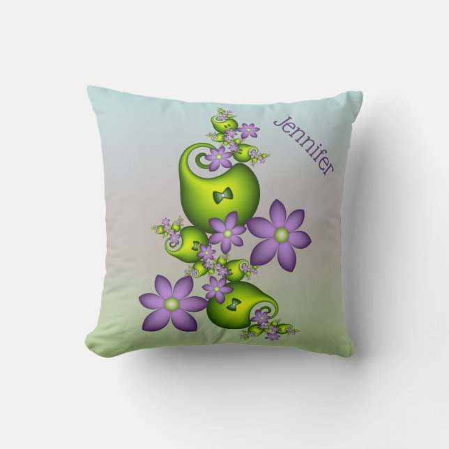 Coussin Fantasie Florale Fleurs Lilas Formes Vertes Nom (Recto)