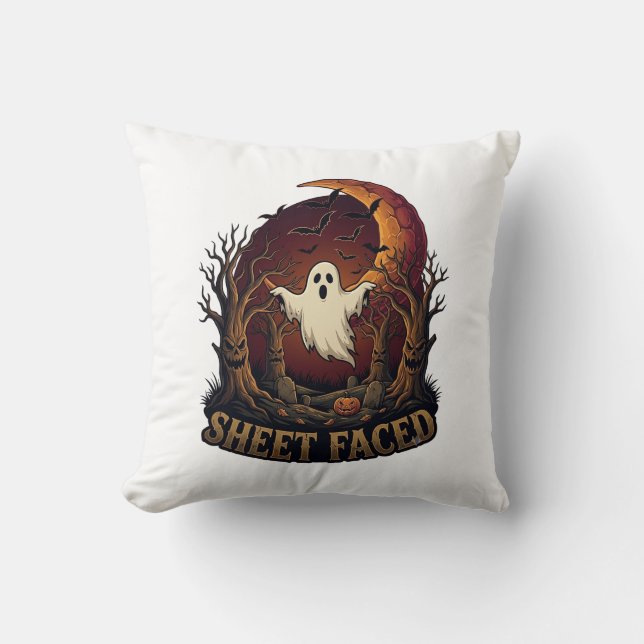 Coussin Fantôme à visage en feuille Halloween Arbres Sombr (Recto)
