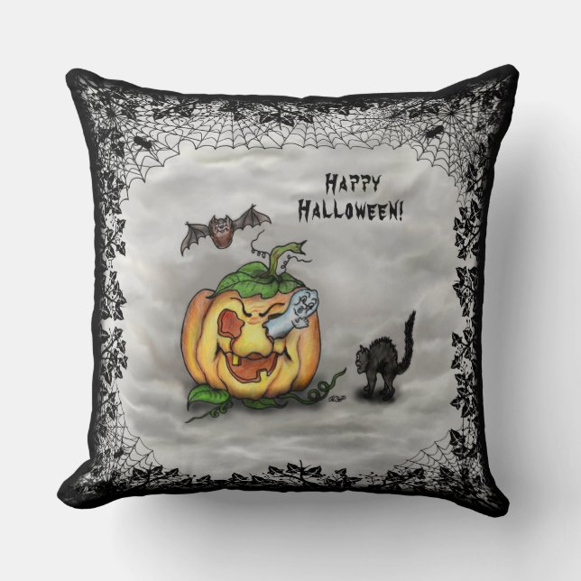 Coussin Fantôme, Chat, Chat et Citrouille, Bonne Halloween (Recto)