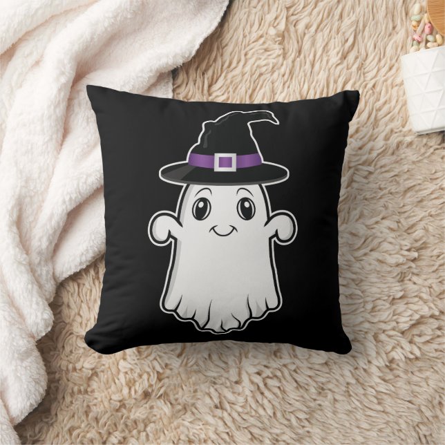 Coussin Fantôme de dessin animé souriant avec un chapeau d (Couverture)