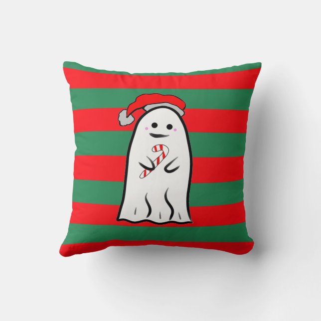 Coussin Fantôme de Noël sur rayures rouges et vertes (Verso)