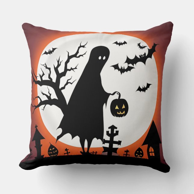 Coussin Fantôme d'Halloween avec chauves-souris et pleine  (Recto)