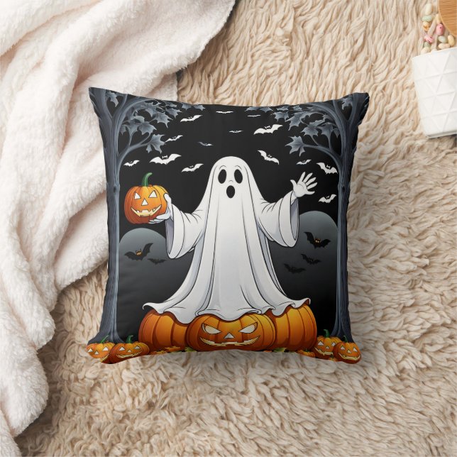 Coussin fantôme d'Halloween entouré de citrouilles et de c (Couverture)