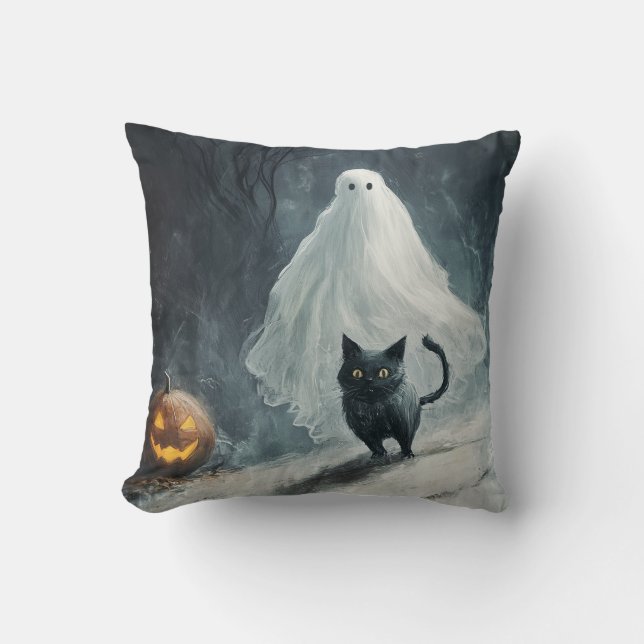 Coussin Fantôme d'Halloween et chat noir (Recto)