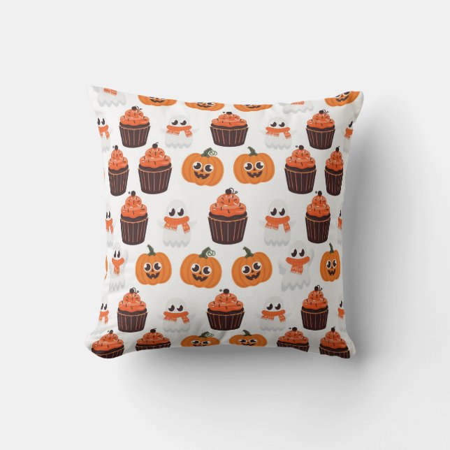 Coussin Fantôme d'Halloween, gâteaux et Citrouilles (Recto)