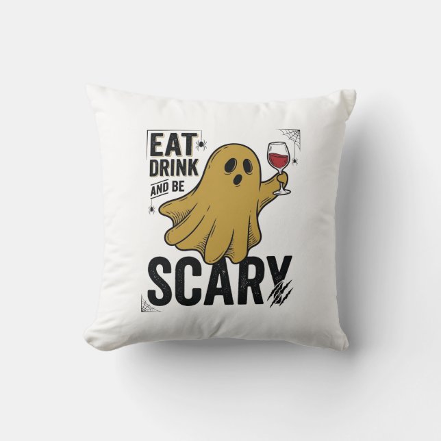 Coussin Fantôme d'Halloween Manger Boire Et Être Effrayant (Recto)