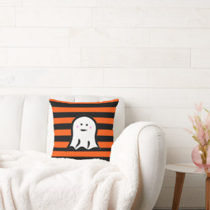 Coussin Fantôme d'Halloween sur rayures noires et orange 