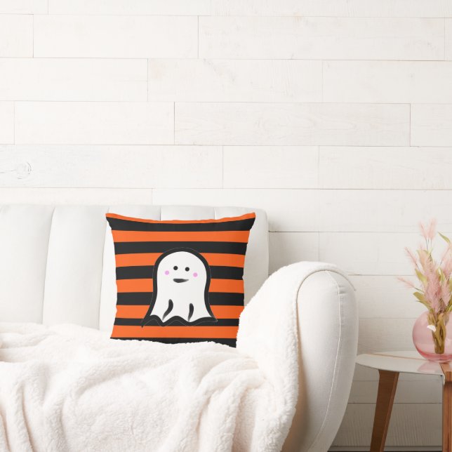 Coussin Fantôme d'Halloween sur rayures noires et orange  (Canapé)