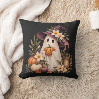 Coussin Fantôme fantaisiste d'automne avec citrouilles et