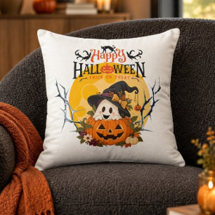 Coussin Fantôme rétro joyeux Halloween dans une citrouille