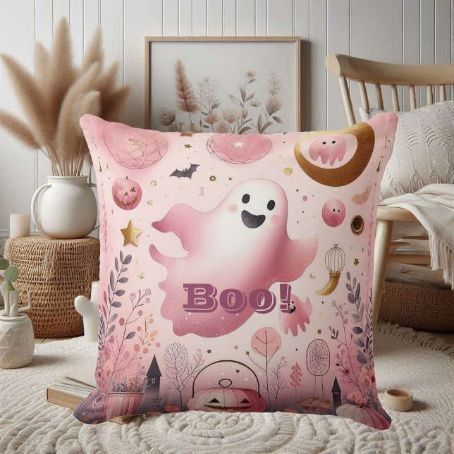 Coussin Fantôme rose Boo Friendly Halloween Citrouille (Pink Boo Friendly Ghost Halloween Jack o lantern Throw Pillow)