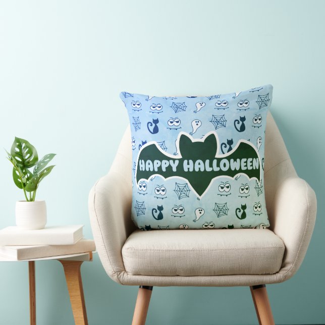 Coussin Fantôme, toiles d'araignées et chats noirs bleu (Chaise)