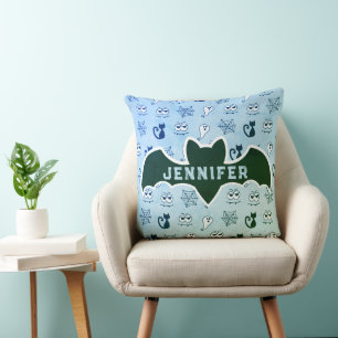 Coussin Fantôme, toiles d'araignées et chats noirs bleu