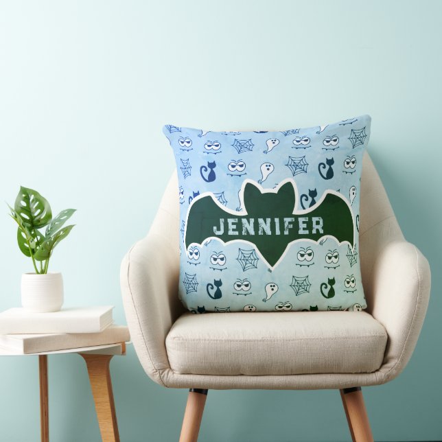 Coussin Fantôme, toiles d'araignées et chats noirs bleu (Chaise)