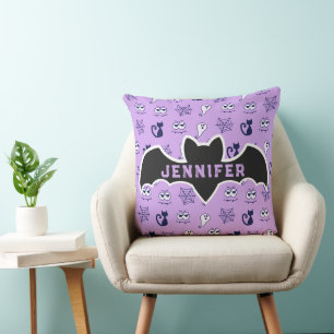 Coussin Fantôme, toiles d'araignées et chats noirs violet