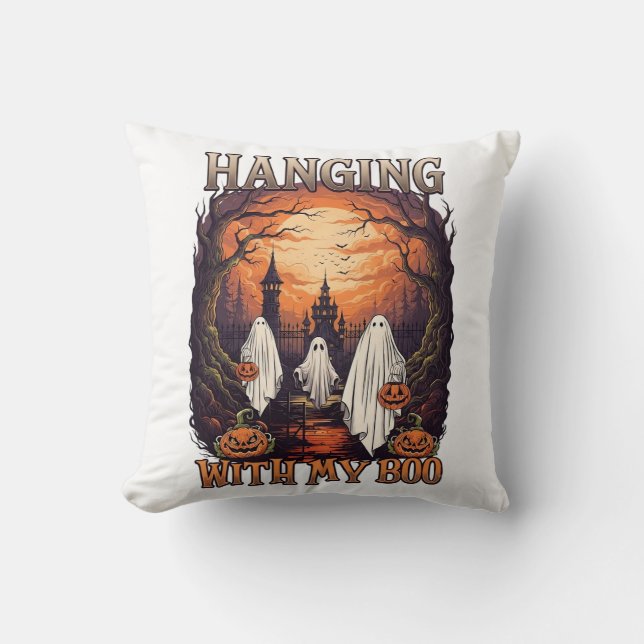 Coussin Fantômes de Halloween suspendus citrouilles pleine (Recto)