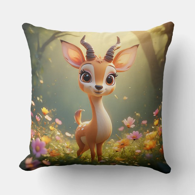 Coussin Faon de dessin animé adorable parmi des fleurs vib (Recto)