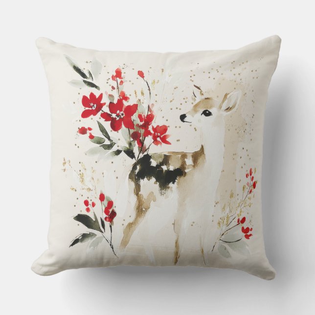 Coussin Faon de Noël forestier aquarelle (Recto)