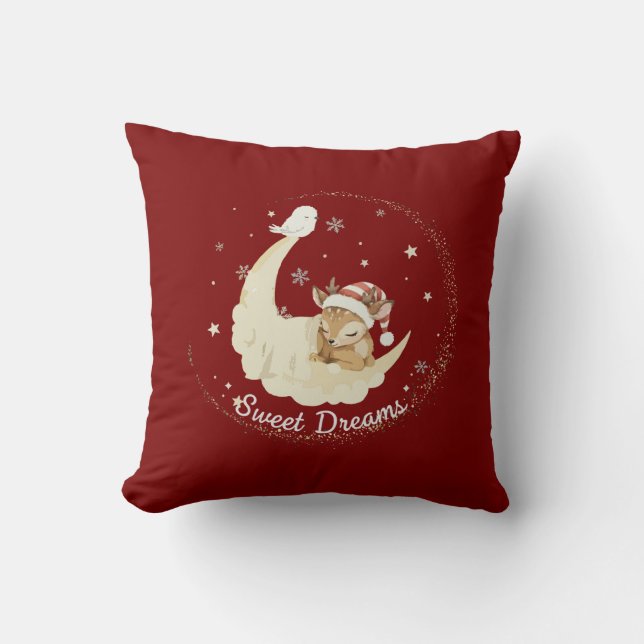 Coussin Faon fantaisiste de Noël dormant sur une lune douc (Recto)