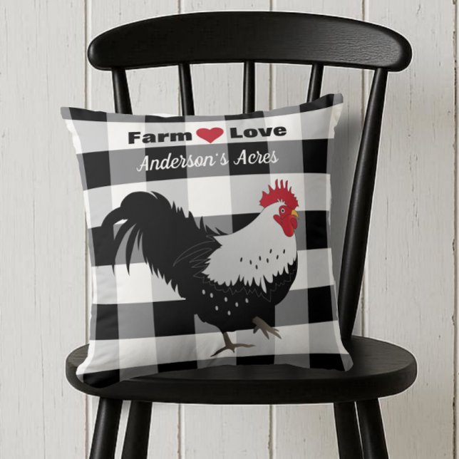 Coussin Farm Love Custom Rooster Black White Check (Créateur téléchargé)