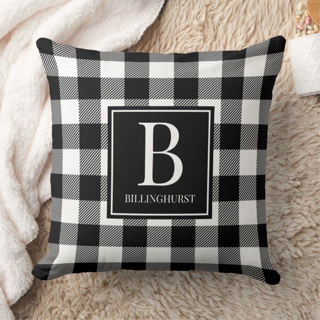 Coussin Farmhouse Check noir & blanc Plaid Monogramme (Couverture)
