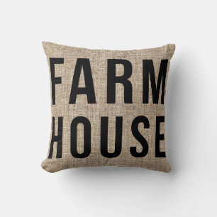 Coussin FARMHOUSE lettrage noir toile de jute rustique