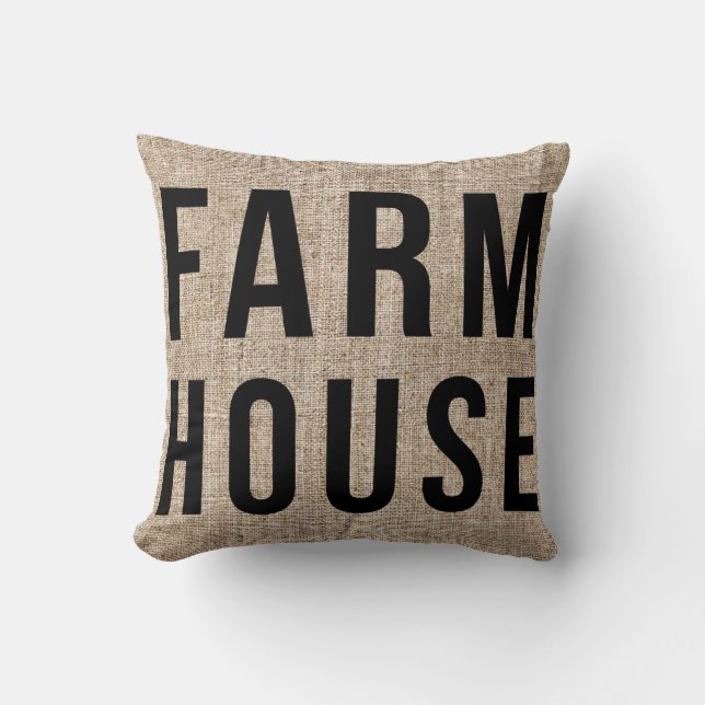 Coussin FARMHOUSE lettrage noir Toile de jute rustique (Recto)