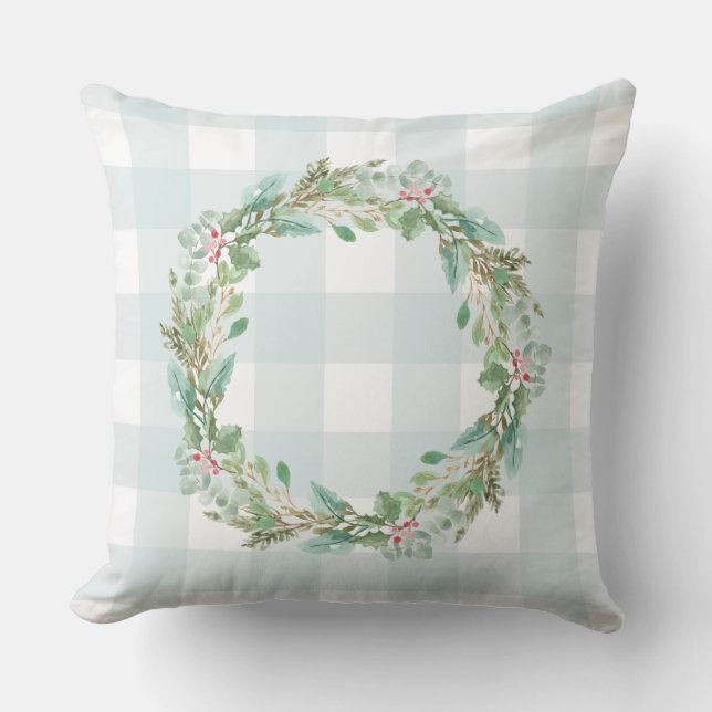 Coussin Farmhouse Pastel Blue Check Plaid Christmas Wurath (Recto)
