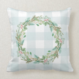 Coussin Farmhouse Pastel Blue Check Plaid Christmas Wurath