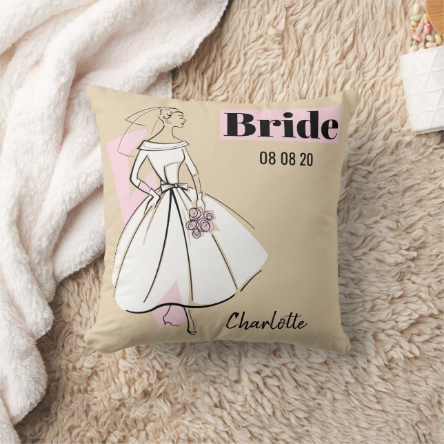 Coussin Fashion Bride Neutral Mariée Date Nom rose retour (Couverture)
