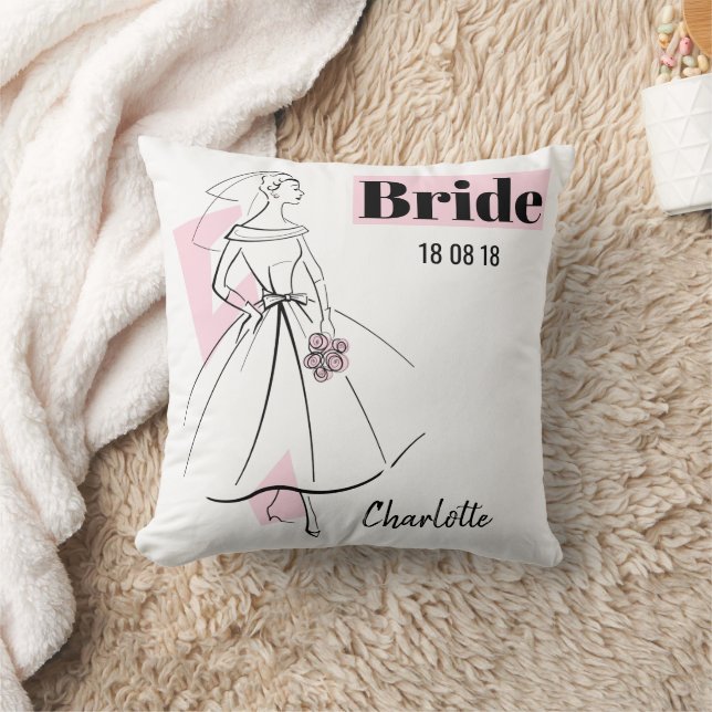Coussin Fashion Bride Pink Bride Date Nom rose retour (Couverture)
