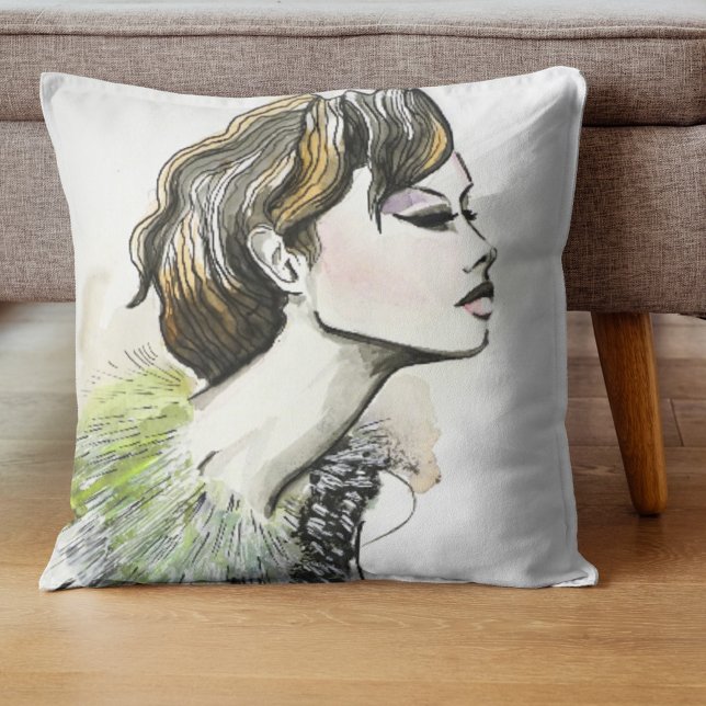 Coussin Fashion face woman portrait in green (Créateur téléchargé)