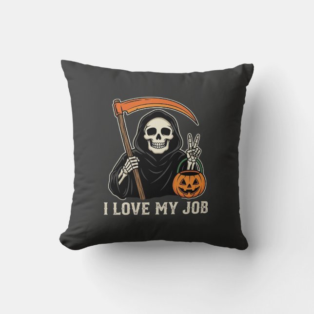 Coussin Faucheuse J'aime Mon Travail Design Halloween (Recto)