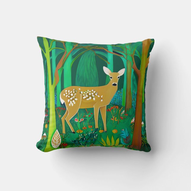 Coussin Faune tachetée dans un cadre forestier Imaginaire (Recto)