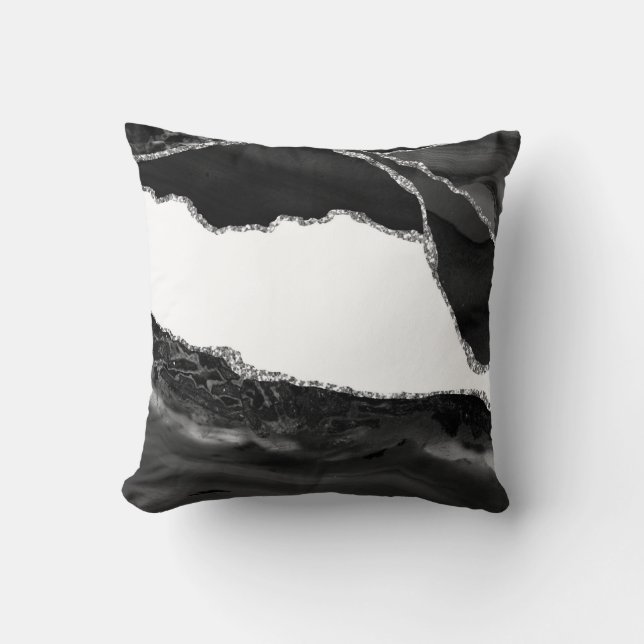 Coussin Fausse Agate Marbrée Noir Blanc Pierre Moderne Ten (Recto)