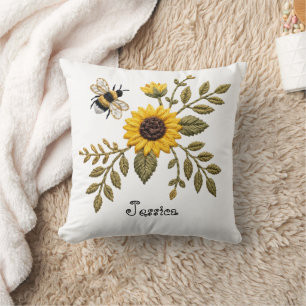 Coussin Fausse broderie tournesol et abeille à miel