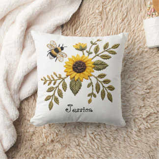 Coussin Fausse broderie tournesol et abeille à miel