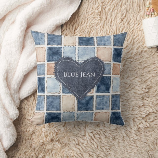 Coussin Fausse crème denim bleu jean coeur (Couverture)