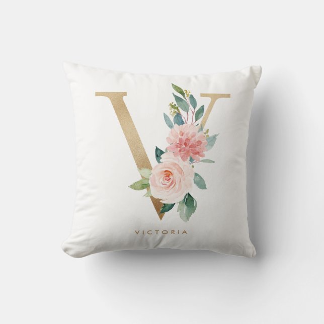 Coussin Fausse feuille d'or floral lettre V monogramme nur (Recto)