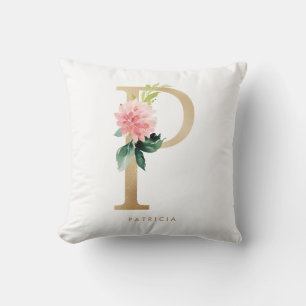 Coussin Fausse lettre florale en feuille d'or P Monogramme