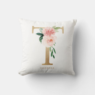 Coussin Fausse lettre florale en feuille d'or T Monogramme