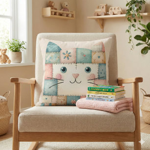 Coussin Fausse Maisonnette Pastel Patchwork Visage de Chat