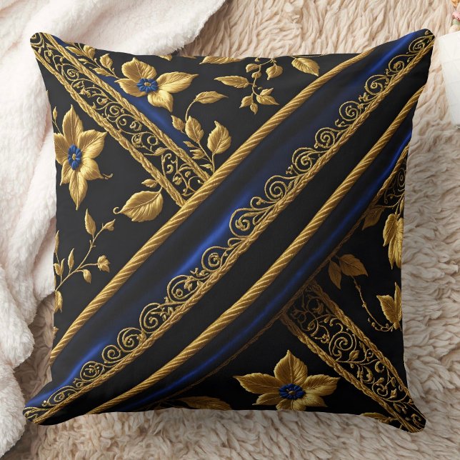 Coussin faux Broderie Bleu Or Fleurs noir (Créateur téléchargé)