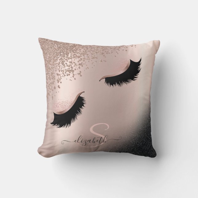 Coussin Faux Cils Noir Paillettes Diamants Or Rose (Recto)
