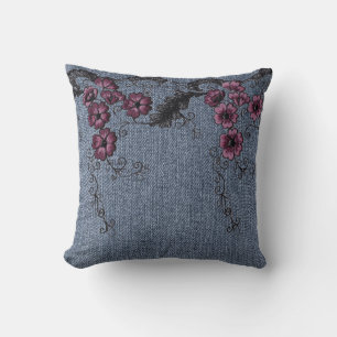 Coussin *~* Faux Denim Fleurs cousues main