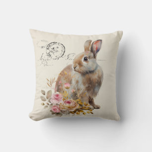 Coussin Faux lin français Lapin avec rose