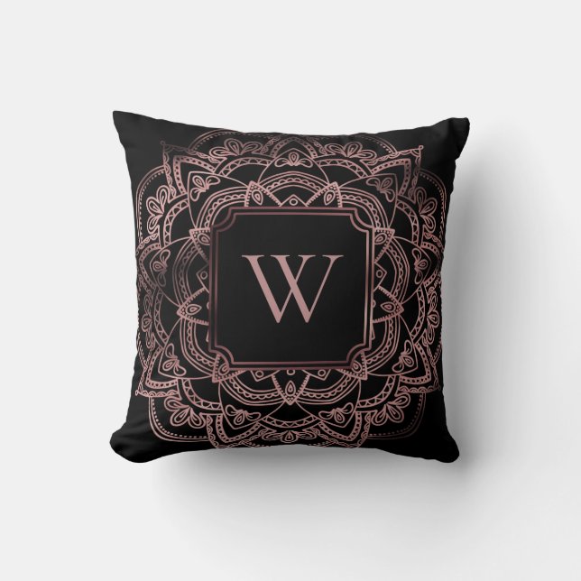 Coussin Faux mandala en feuille d'or rose avec monogramme  (Recto)