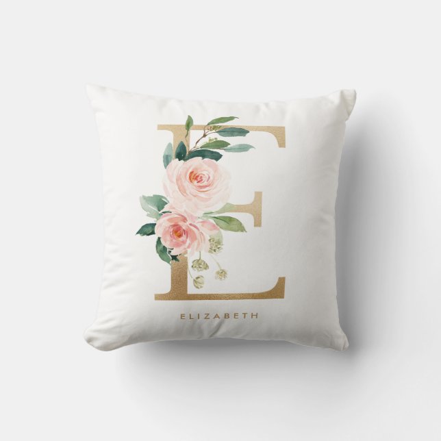 Coussin Faux Monogramme Lettre E Floral Feuille D'Or (Recto)