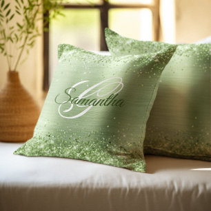 Coussin Faux Monogramme Pailleté Vert Menthe Brillante