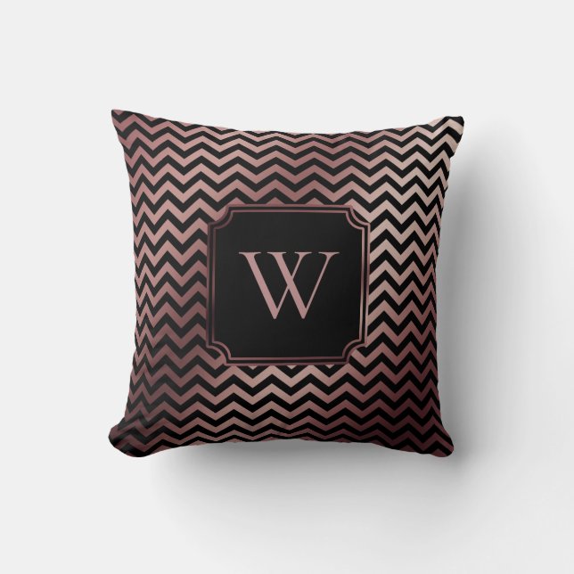 Coussin Faux or rose et chevron noir avec monogramme (Recto)